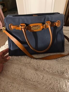 Michael Kors Navy Canvas Satchel with Cognac Leather Trim and Gold Hardware
